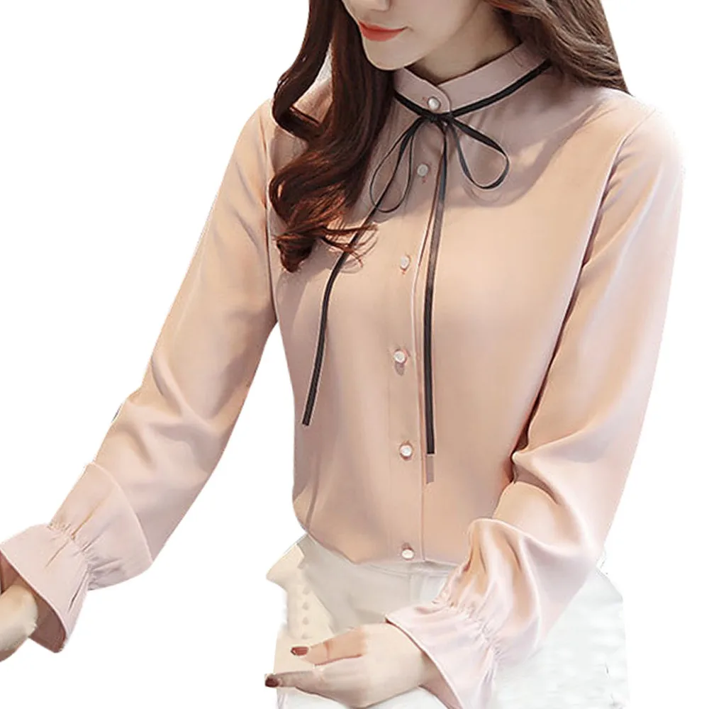 Женская модная однотонная шифоновая рубашка на шнуровке с длинным рукавом и