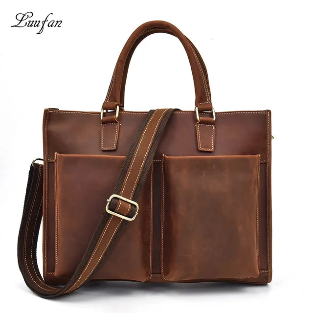 brown1 Винтажный Мужской портфель из натуральной кожи Crazy Horse, деловая сумка из коровьей кожи, портфель для ноутбука, сумка через плечо - Цвет: brown1
