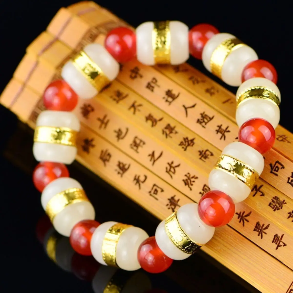 24k Yellow Gold Hetian Jade Bead With Red Agate Beads Link Bracelet 6.3inchL|bead bracelet|bead bracelet goldbead wholesale |