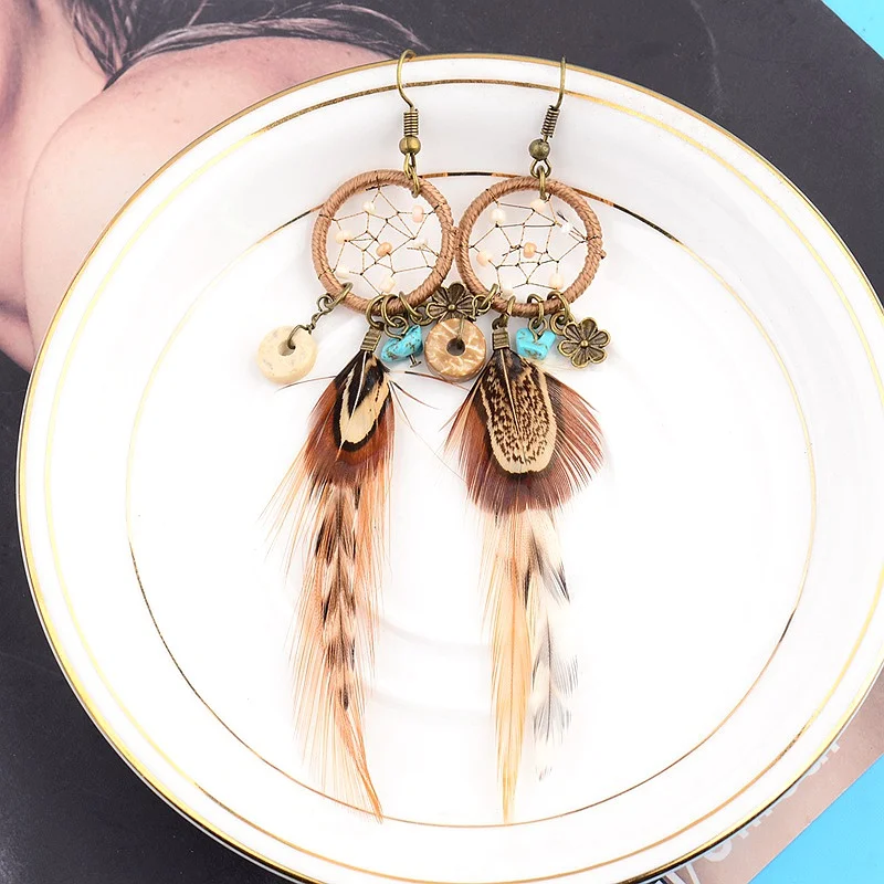 

Ethnic Long Bohemia Feather Beaded Earrings For Women Dreamcatcher Round Wood Indian Gypsy Hippie Earrings Boucle D'oreille