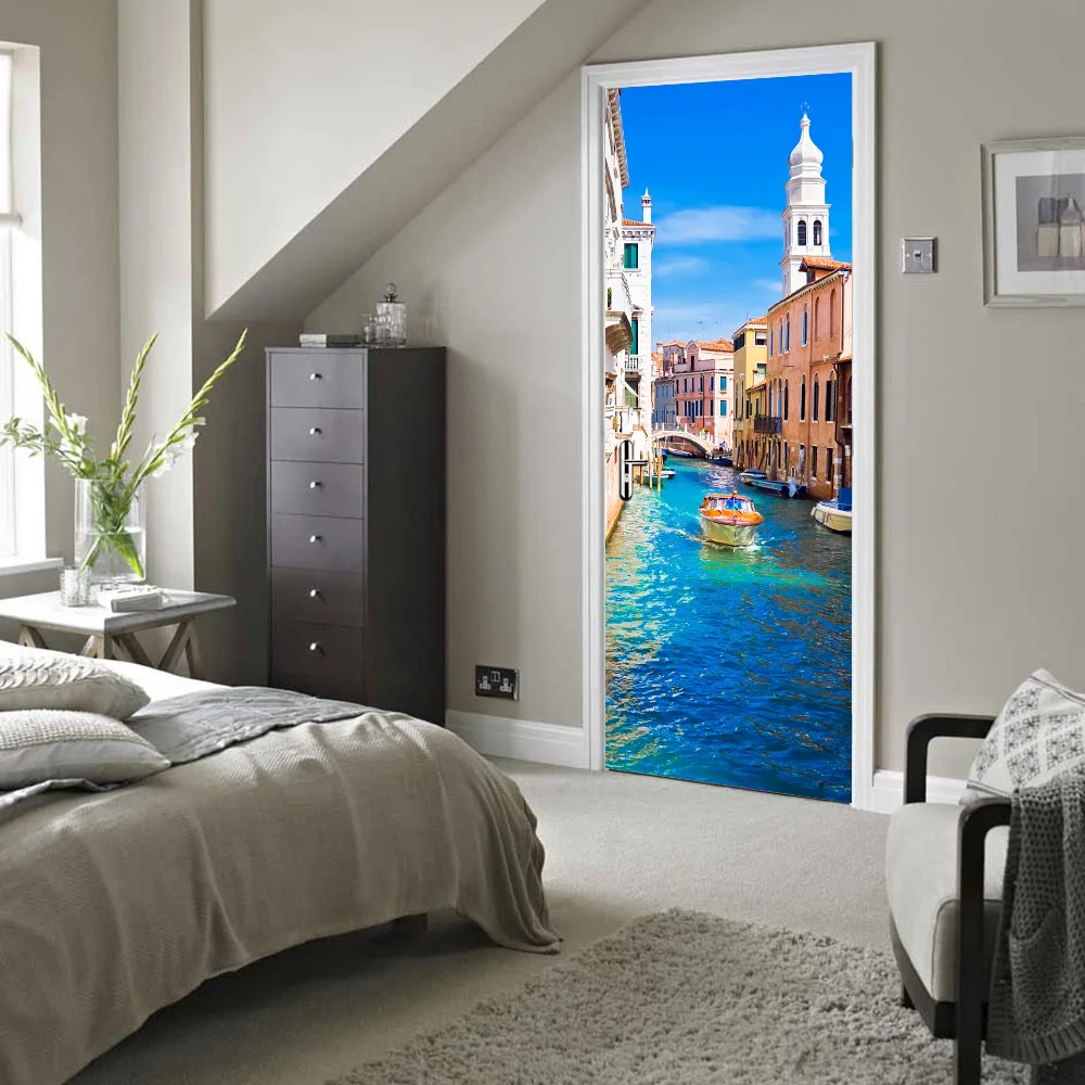 3D креативные венецианские дверные наклейки с пейзажем канала для гостиной