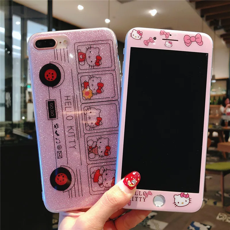 Для iPhone 8 Plus bling KT Чехол + пленка из закаленного стекла милый мягкий чехол hello kitty