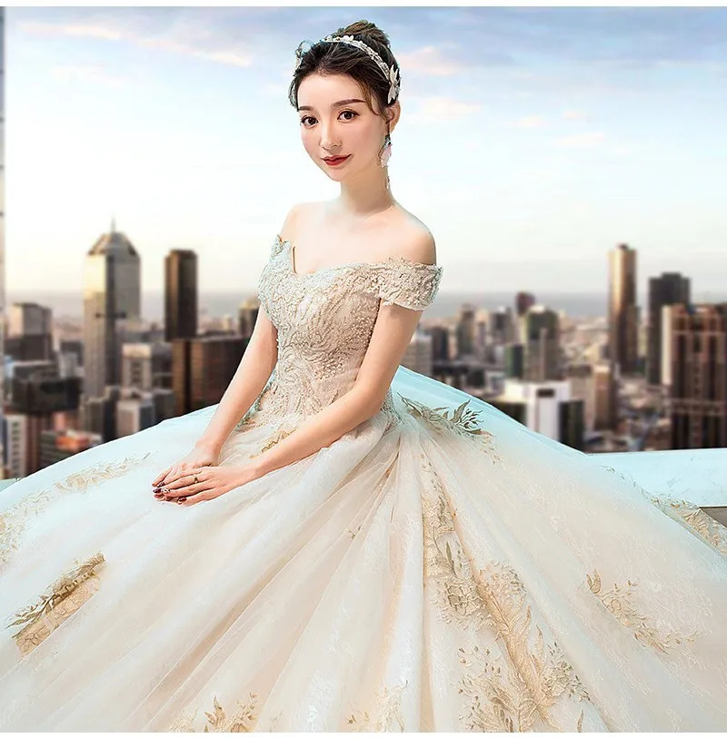 Свадебное платье цвета шампань с открытыми плечами с короткими рукавами Vestido De Noiva винтажное Золотое кружевное свадебное платье плюс размер длинный хвост
