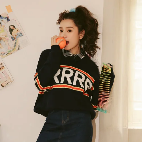 Women Sweaters and Pullovers 2020 Autumn Winter Korean Style Casual Letters Oversized Long Sleeve Jumper Tops Knitwear 2212 | Женская