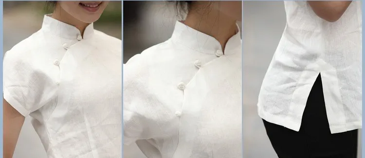 Шанхай история женская с коротким рукавом Китайский традиционный Топ Qipao рубашка Китайский стиль Топ Белый cheongsam Топ льняная блузка
