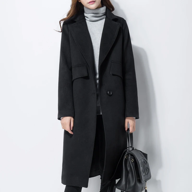 Кашемировое шерстяное пальто женское зимнее длинное тонкое корейское до колена