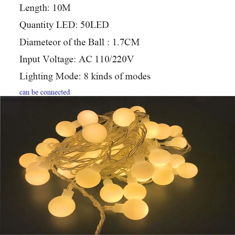 10 м светодиодные гирлянды с 50led шаром AC220V праздничное украшение лампы Фестиваль рождественские Огни наружное освещение - Испускаемый цвет: 10M 50 BWarmwhite