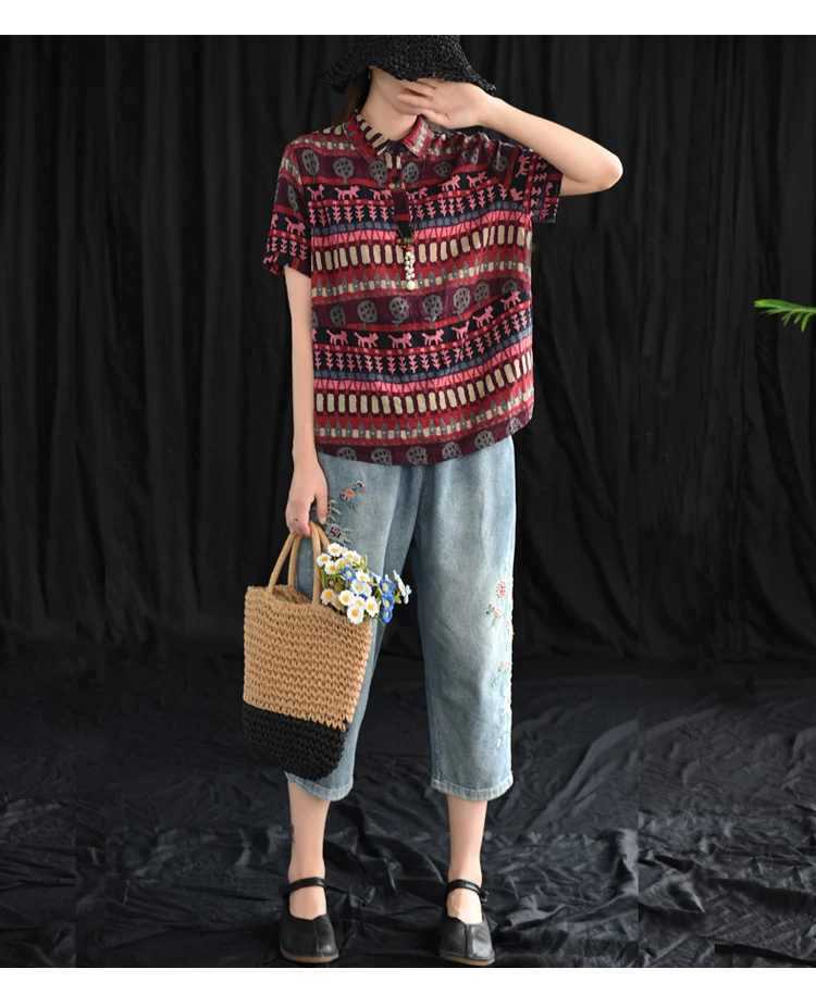 Johnature, стиль, Ретро стиль, с художественной вышивкой, женские штаны,, летние, с цветочным принтом, с эластичной талией, повседневные, обтягивающие, женские штаны