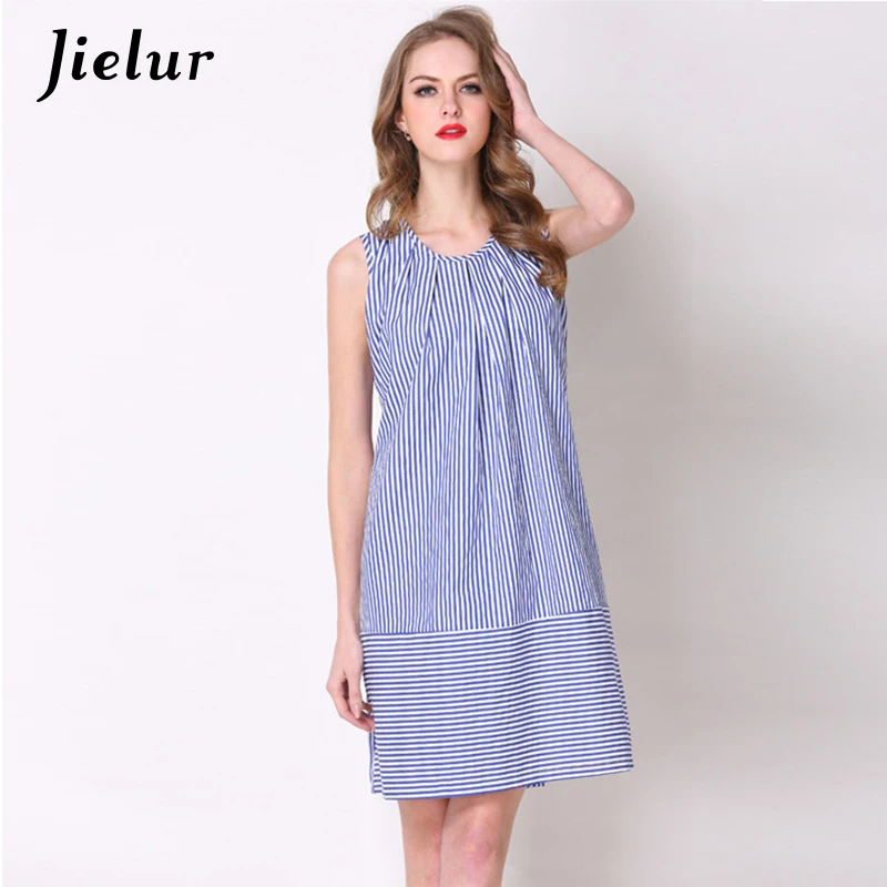 

Jielur Summer O-neck Blue Striped Women's Dress Sleeveless Bowknot Slim Dresses Female Patchwork Elegant Lady Vestido M-XL