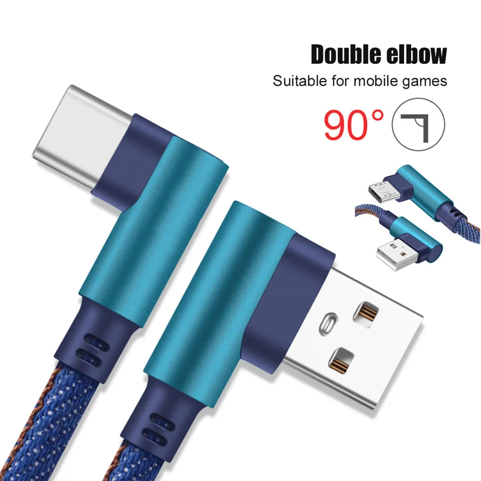 Кабель Micro Usb под прямым углом 90 градусов зарядный кабель Type C из денима для iPhone