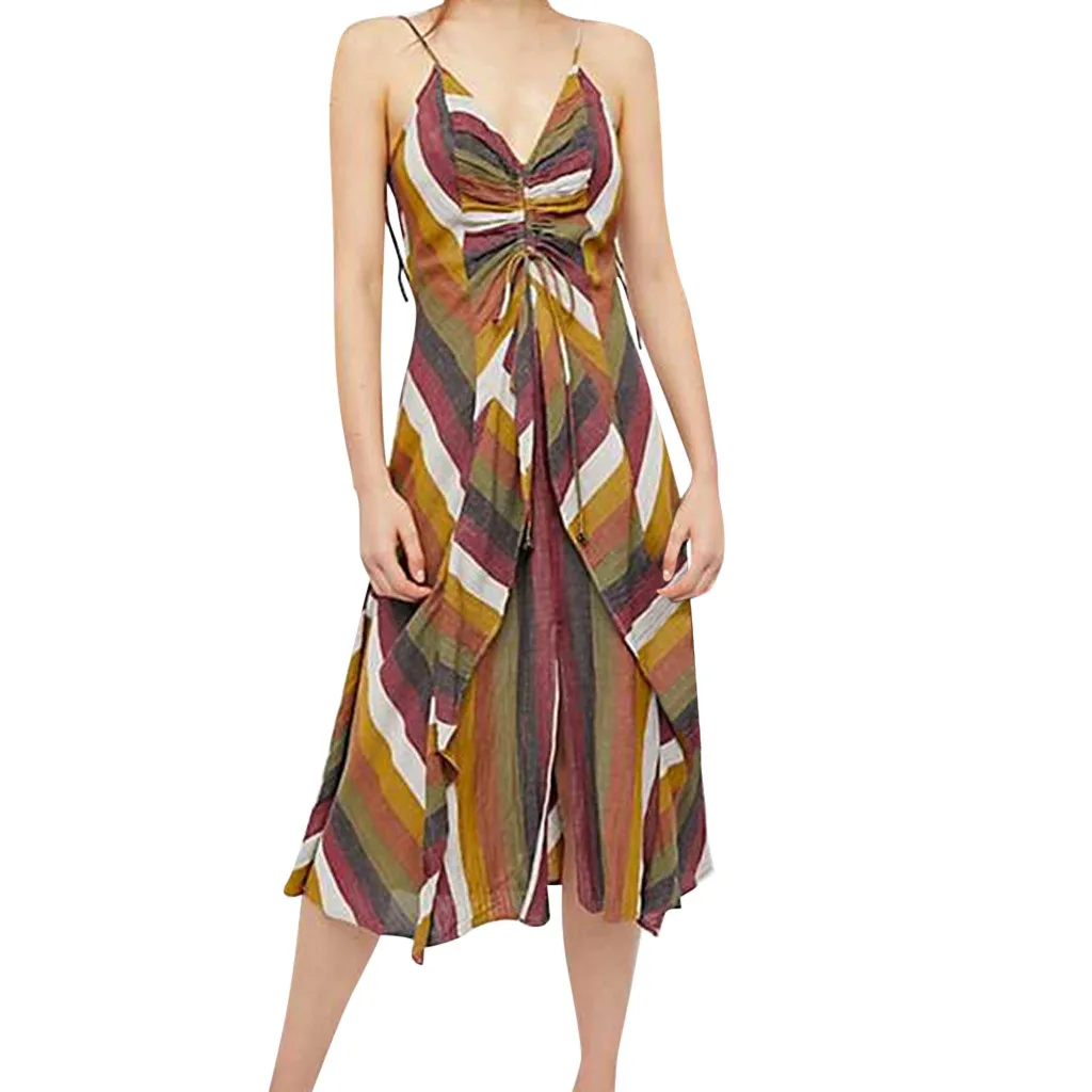 Women's Striped Suspender Chiffon Print Pleated Split Holiday Dresses Summer Casual Beach Sleeveless V-Neck Dress G0322#20 | Женская