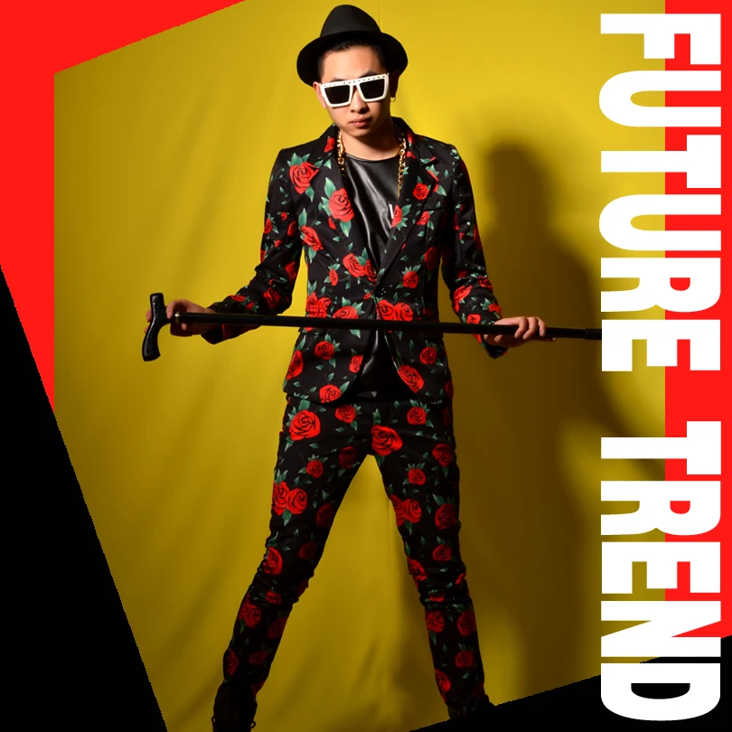 

M-6XL!Nightclub male singer DSDJ quanzhilong GD fashionable rose suit brand bar performance clothing clothing.