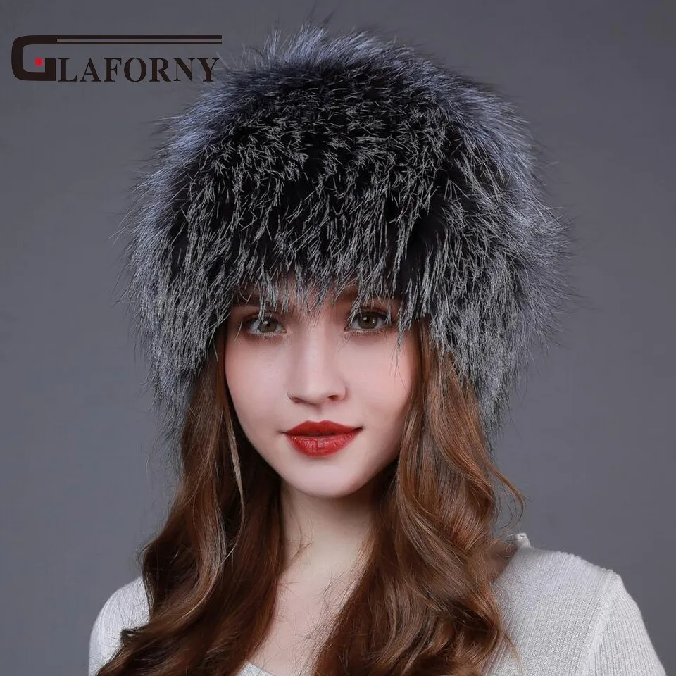 Glaforny Новое поступление вязаные шапки из меха серебристой лисы женские зимние