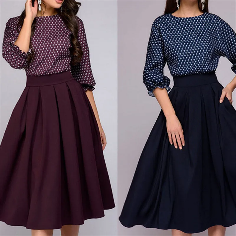 Женское винтажное платье качели с рукавом 3/4 повседневное и вечернее принтом в