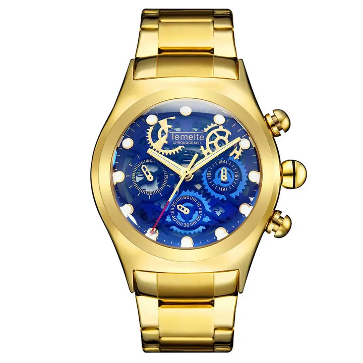 GOLD BLUE TEMEITE, военный большой чехол, кварцевые часы для мужчин, 3 суб-циферблата, украшение, уникальный синий циферблат, металлический ремешок, мужские часы, Лидирующий бренд, роскошные - Цвет: GOLD BLUE
