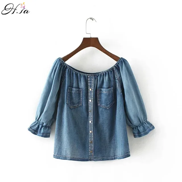 H. sa женщин летние джинсы блузки рубашки с плеча старинные blusas mujer flare рукавом