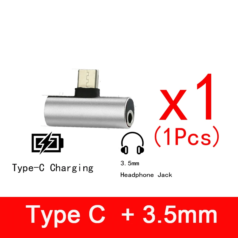 1pcs Silver Двойные наушники 3,5 мм разъем и тип c 2 в 1 аудио зарядное устройство для huawei P30 Pro Чехол аудио Chraging для Xiaomi Mi 8 9 - Цвет: 1pcs Silver
