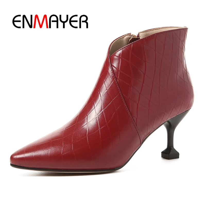 

ENMAYER Genuine Leather Booties Thin Heels Pointed Toe Womens Boots Zapatos De Mujer Snow Boots Size 34-39 ZYL1664