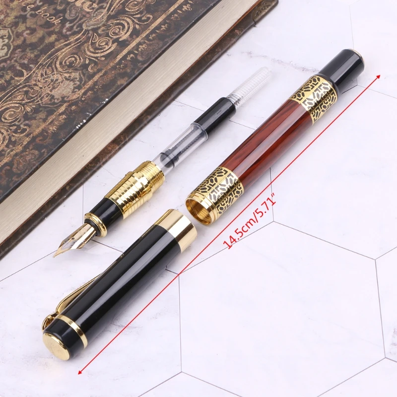 

NoEnName_Null High Quality Metal Imitation Red Wooden With Carving Flower Medium Nib 0.5mm Fountain Pen Supplies