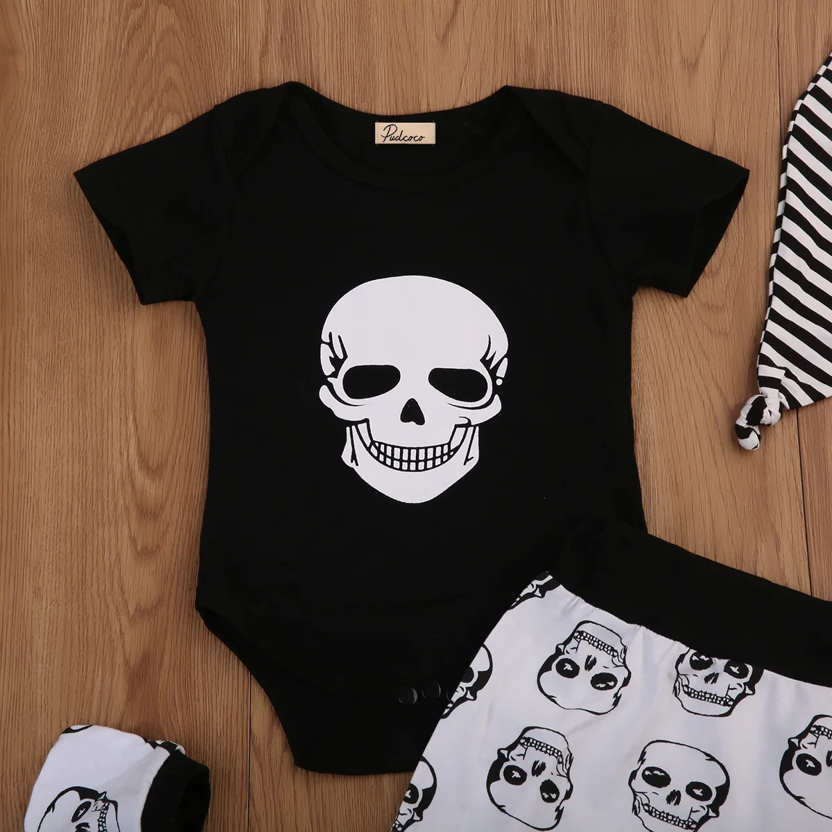 Newborn Kids Baby Boys Skull Tops Romper Long Pants Hat 4Pcs Outfits Set Clothes Cotton Infant Toddler Boy Girls Clothing | Детская