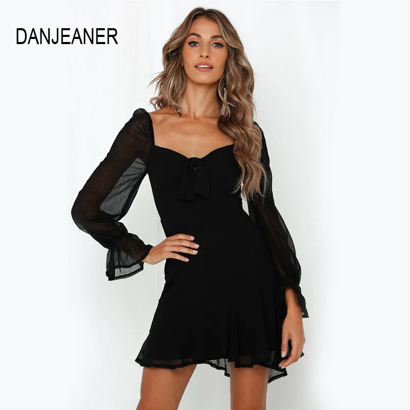 Элегантное Черное Шифоновое Платье DANJEANER с длинным рукавом осень 2019 без бретелек