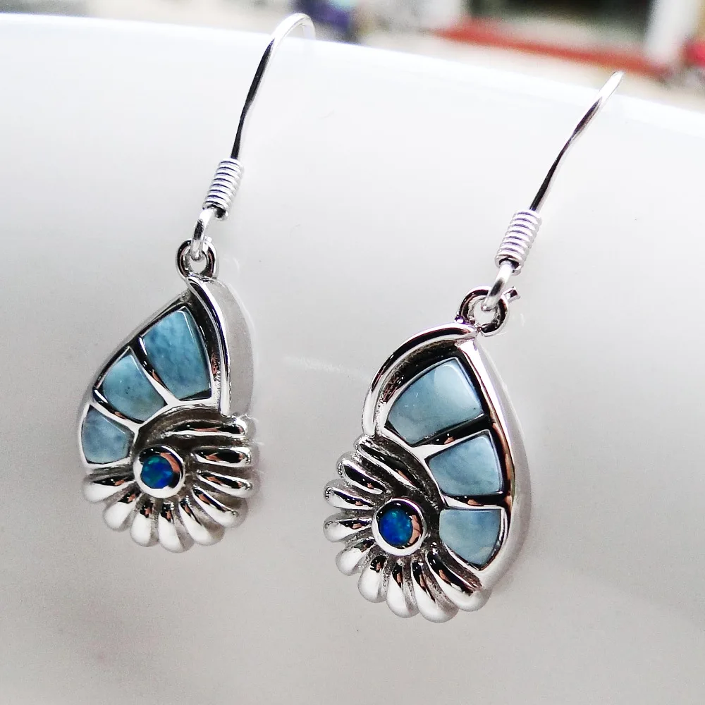 Настоящие натуральные Серьги Larimar, тонкая бижутерия; серьги-подвески, 925 пробы, серебряные ювелирные изделия, серьги-капельки в виде раковины для женщин