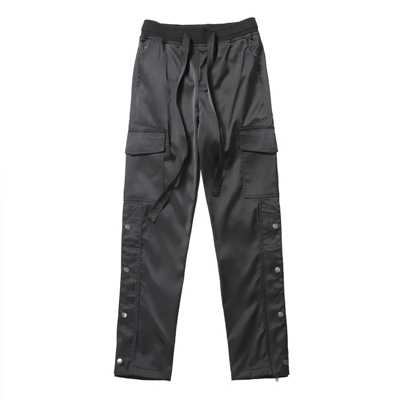 Dark Icon Solid Color Side Button Straight Pants Men New High Street Men's Pants Elastic Drawstring Waist Men Pants Trouser
