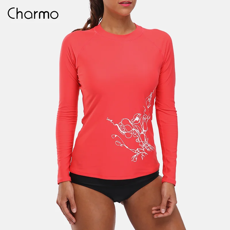 Charmo, Женский Рашгард с длинным рукавом, купальник, рубашки UPF50+, Женский Ретро принт, купальники, УФ-защита, ретро Рашгард, пляжная одежда - Цвет: 5034RED