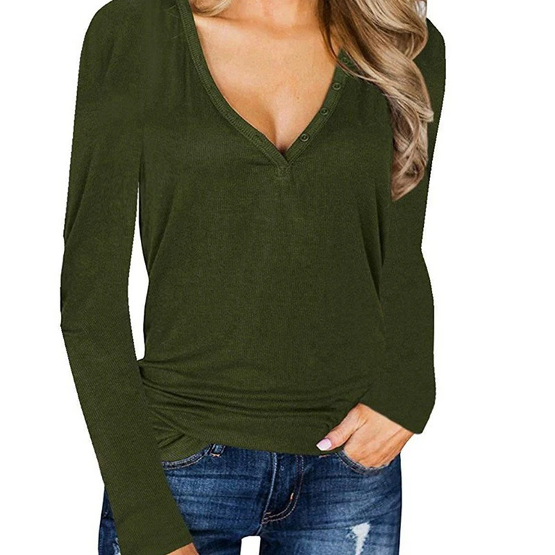 Базовая футболка с длинным рукавом Женский Тонкий Топ на пуговицах v-образным