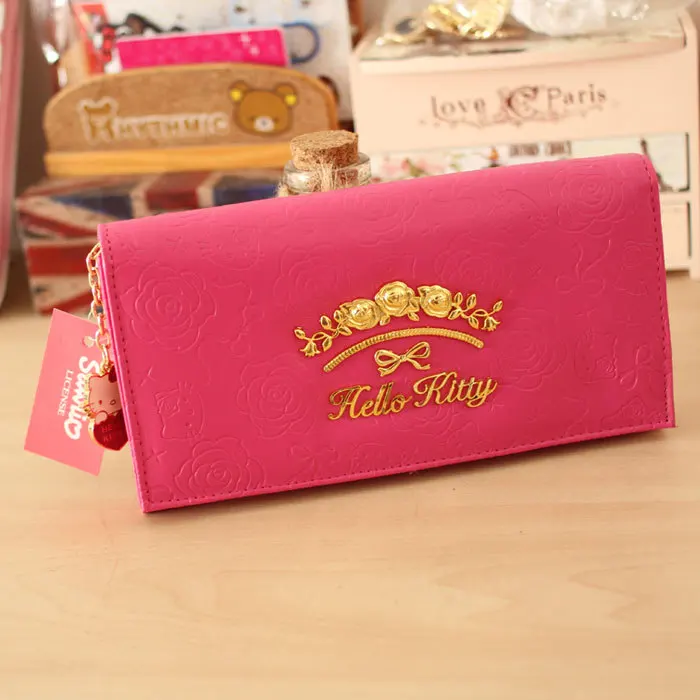 cartoon hello kitty design metal logo rose flower print red women long wallet For girls purse fashion hand bag | Багаж и сумки