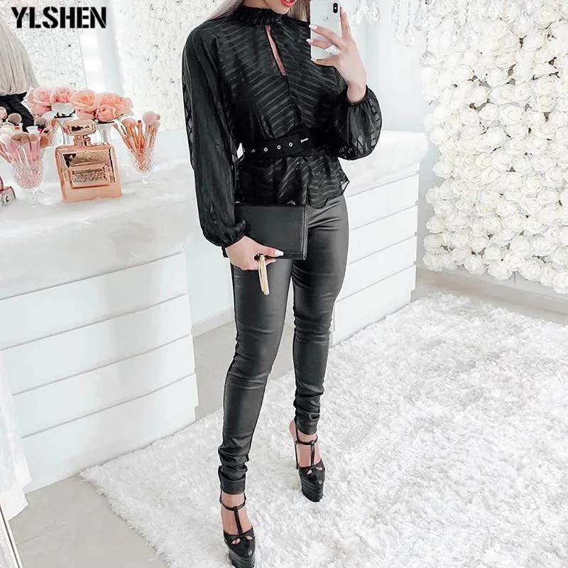 

Plus Size Black Mesh Tops Women Vogue Striped Blouse korean Vintage Long Sleeve Shirts Summer Sexy Top Femme Mujer De Moda 2019