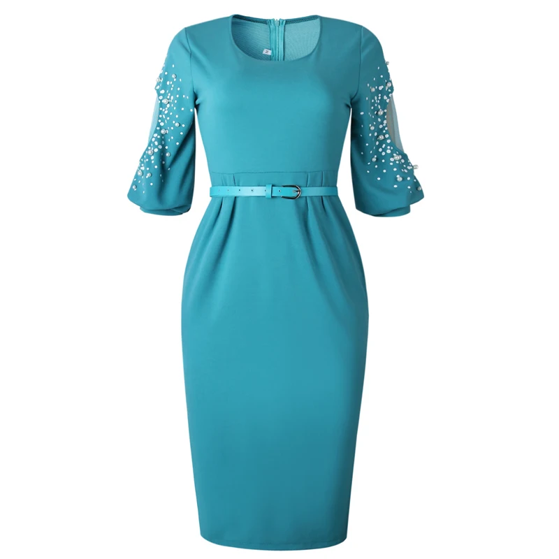 OTEN Robe Crayon для женщин Elegatn Осень три четверти рукав Жемчуг Сетка кружево лоскутное дамы Офис Bodycon Оболочка Карандаш Платье