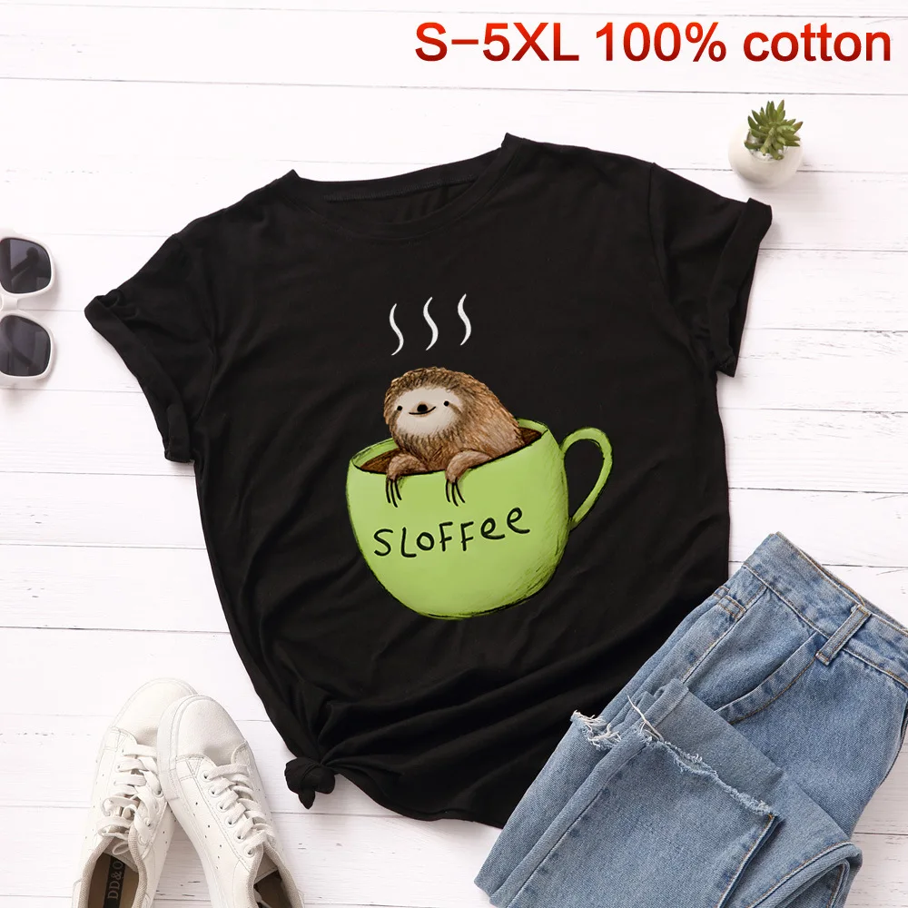 S 5XL Милая женская футболка с рисунком ленивых 100% хлопок забавная чашкой круглым