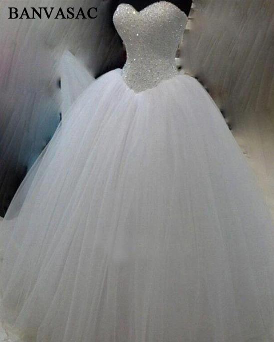 

BANVASAC 2017 New Luxury Crystals Strapless Wedding Dresses Sleeveless Draped Satin Lace Bridal Ball Gowns