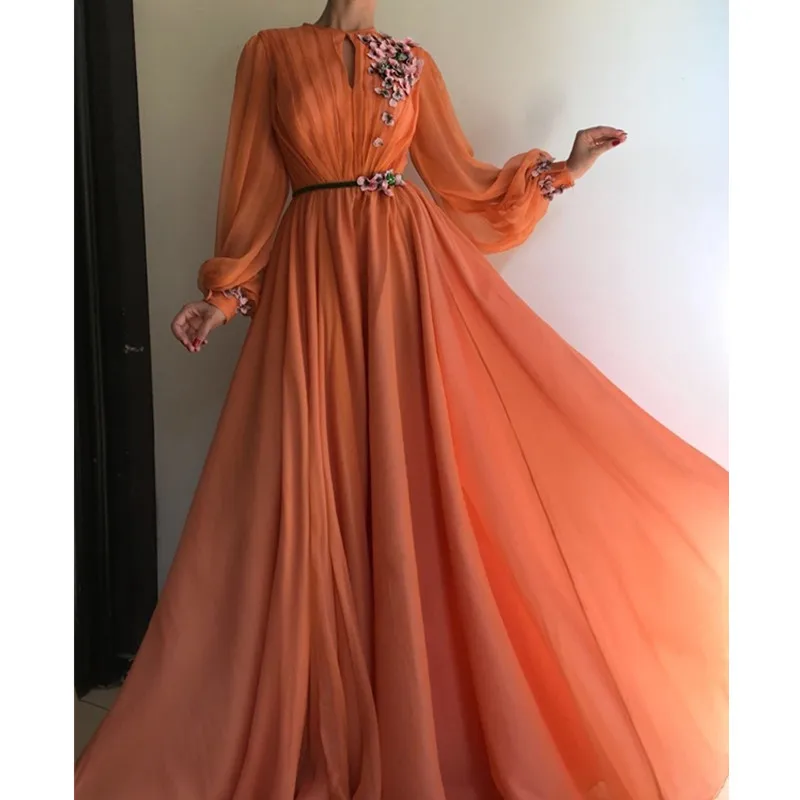 Robe De Soiree элегантные вечерние платья в Дубае длинное оранжевое вечернее платье с длинным рукавом Вечерние платья из тюля с цветами для женщин
