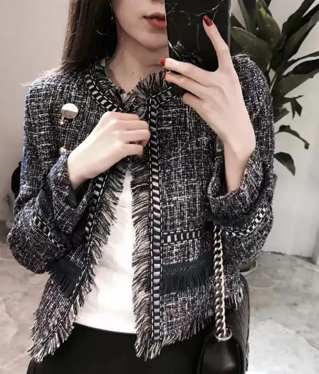 Новый женский твидовый короткий Блейзер с бахромой кардиган длинным рукавом