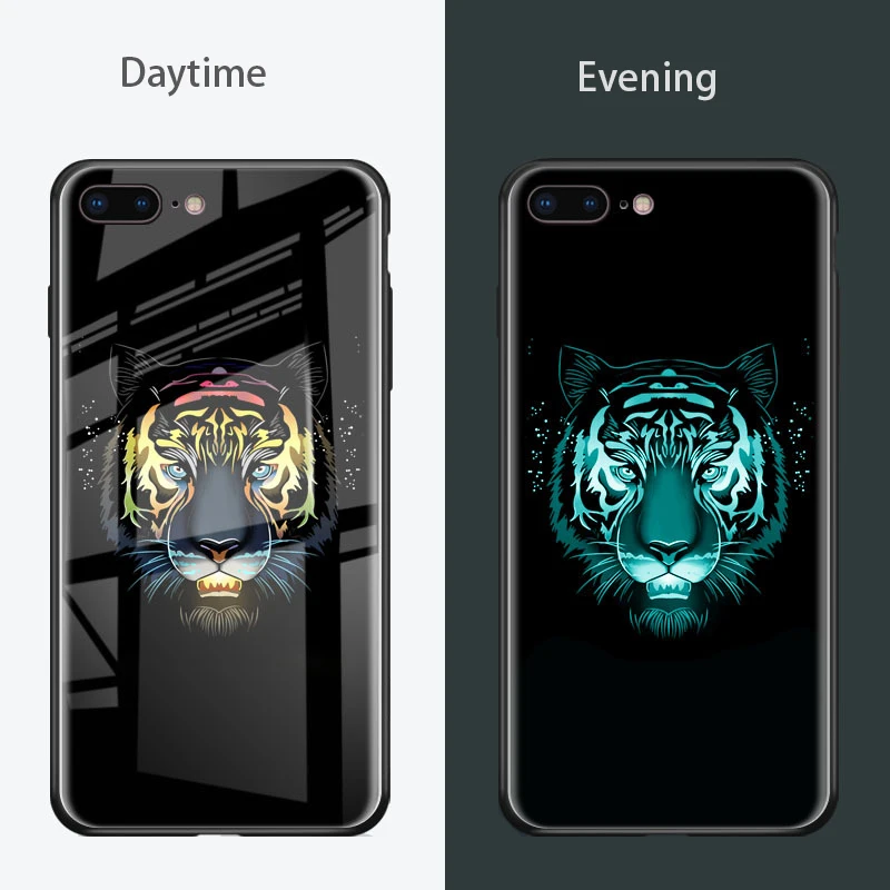 LUOYY FENJJ Luminous Tiger Case for IPhone 6 6s Plus 5 5s SE Hard PC Back Cover Tempered Glass 7 8 X Coque |