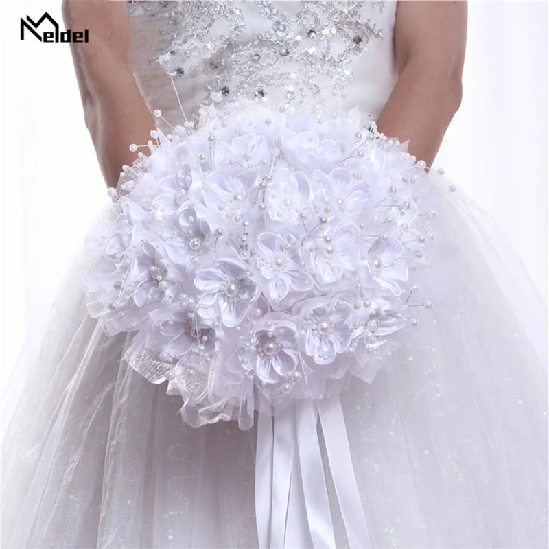 Meldel Bridal Wedding Bouquet Bridesmaid Holding Flower Silk Rose White Fake Pearl for Bride Marriage Supplies | Свадьбы и торжества