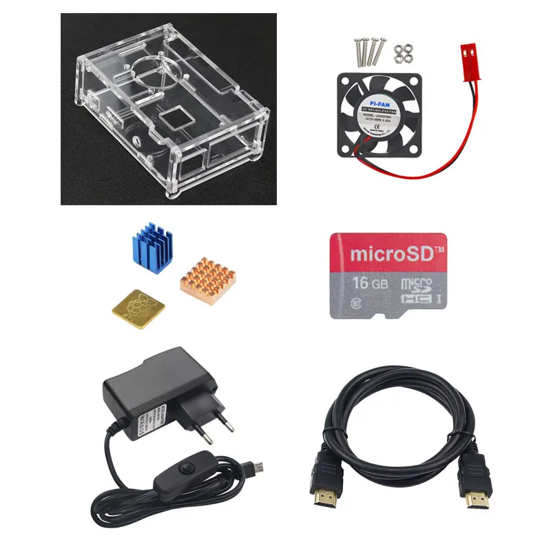 Raspberry Pi 3 Model B+ набор аксессуаров акриловый чехол+ sd-карта 16G+ адаптер питания+ вентилятор+ радиатор для Raspberry Pi 3 Model B - Цвет: Kit 1