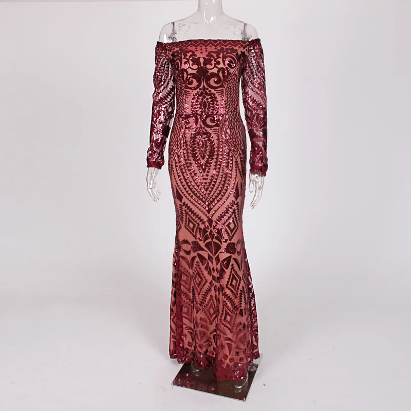 Бургундия сексуальные с плеча Платье блестками Dress тугой длина пола Geometicс