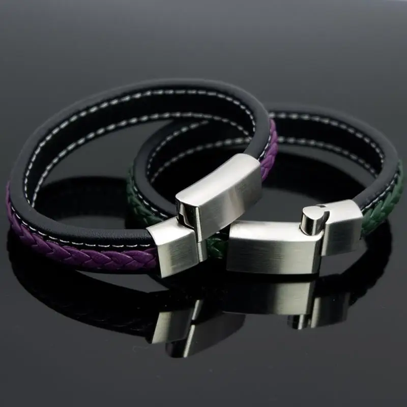 Мужской модный кожаный плетеный браслет из нержавеющей стали Панк магнитная