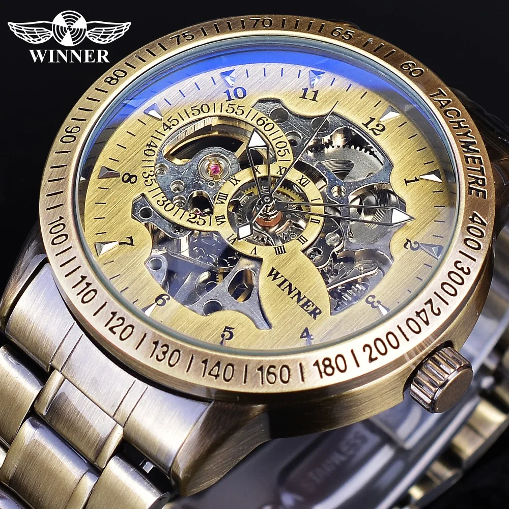 Часы-скелетоны Winner Мужские механические Уникальные ретро-часы с бронзовым