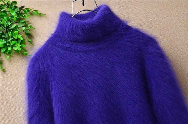 Elegant ladies women winter slim fluffy turtleneck angora knitting wool rabbit fur loose pullover mink cashmere sweater coat | Женская