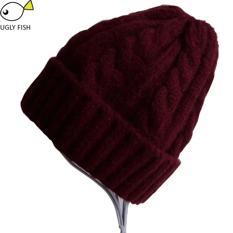 claret Плотная шерсть skullies beanies зимняя женская шапка мужская вязаная skullies beanies женские зимние шапки одноцветные - Цвет: claret