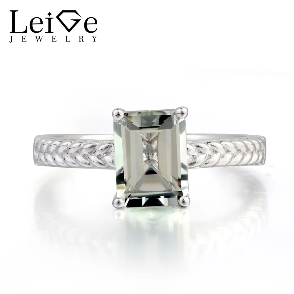 

Leige Jewelry Natural Green Amethyst Ring Proposal Ring Emerald Cut Green Gems 925 Sterling Silver Ring Solitaire Ring for Her