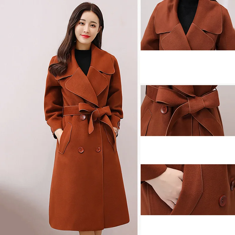 2018 осеннее Женское шерстяное пальто с длинным рукавом и отложным воротником