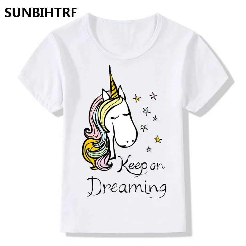 Коллекция 2018 года футболки с принтом Keep On Dreaming Pretty Unicorn летние топы для детей
