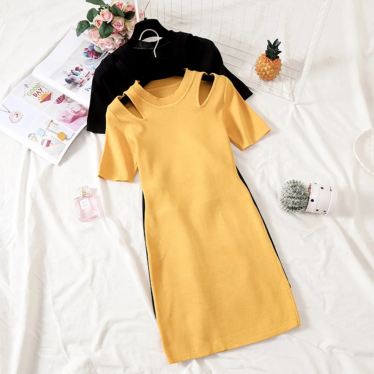 Women knitted cotton mini dress 2019 summer autumn fashion female elastic short sleeve backless sheath skinny sexy club | Женская одежда