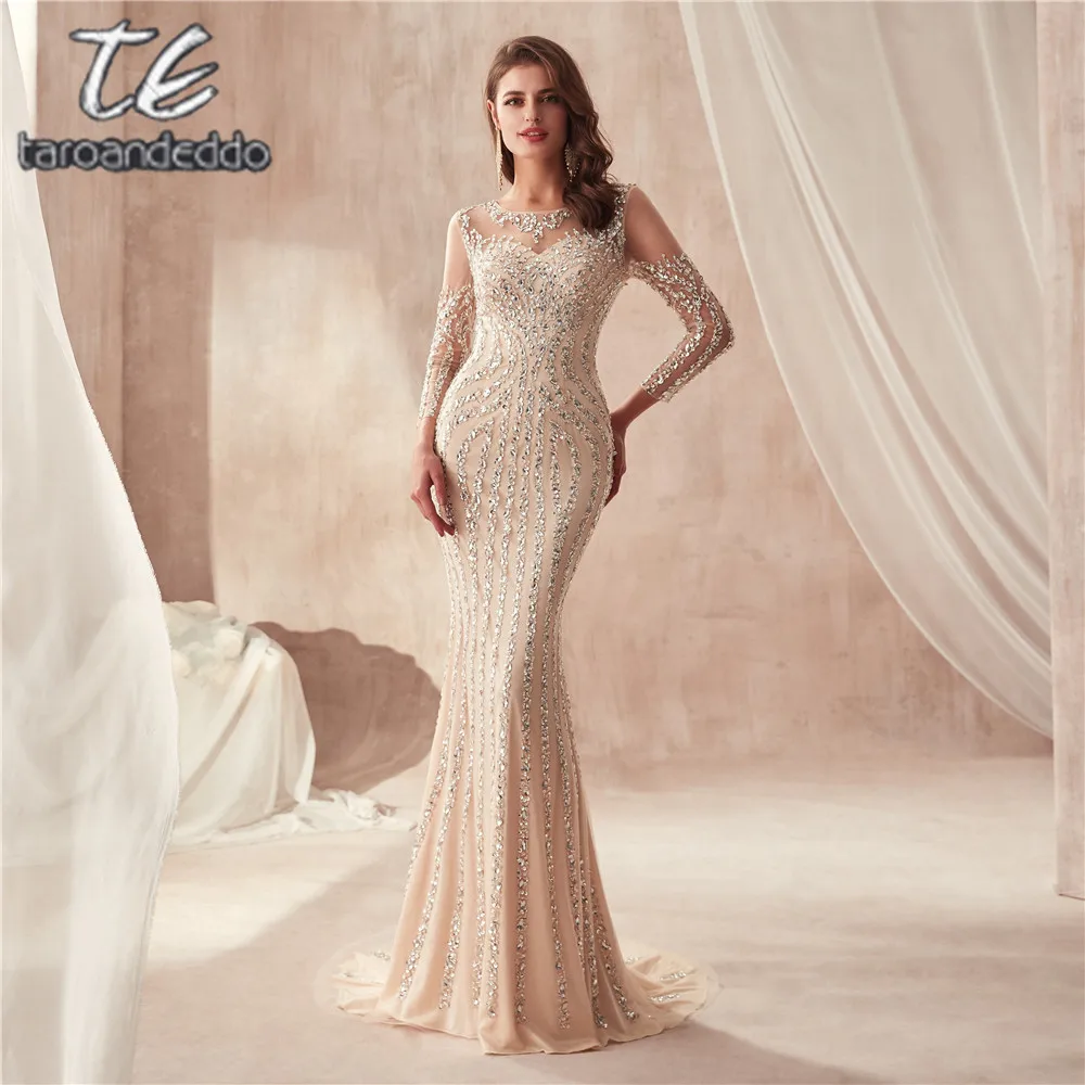 

High Neck Long Sleeves Champagne Prom Gowns Full Crystals Bling Bling Sheath Evening Dress 2020 Real Photos