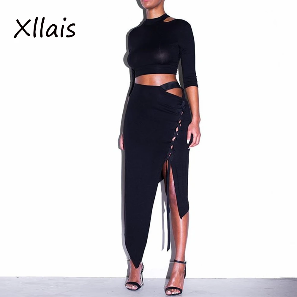 Женские комплекты XLLAIS модный короткий топ с длинным рукавом и мини-юбка